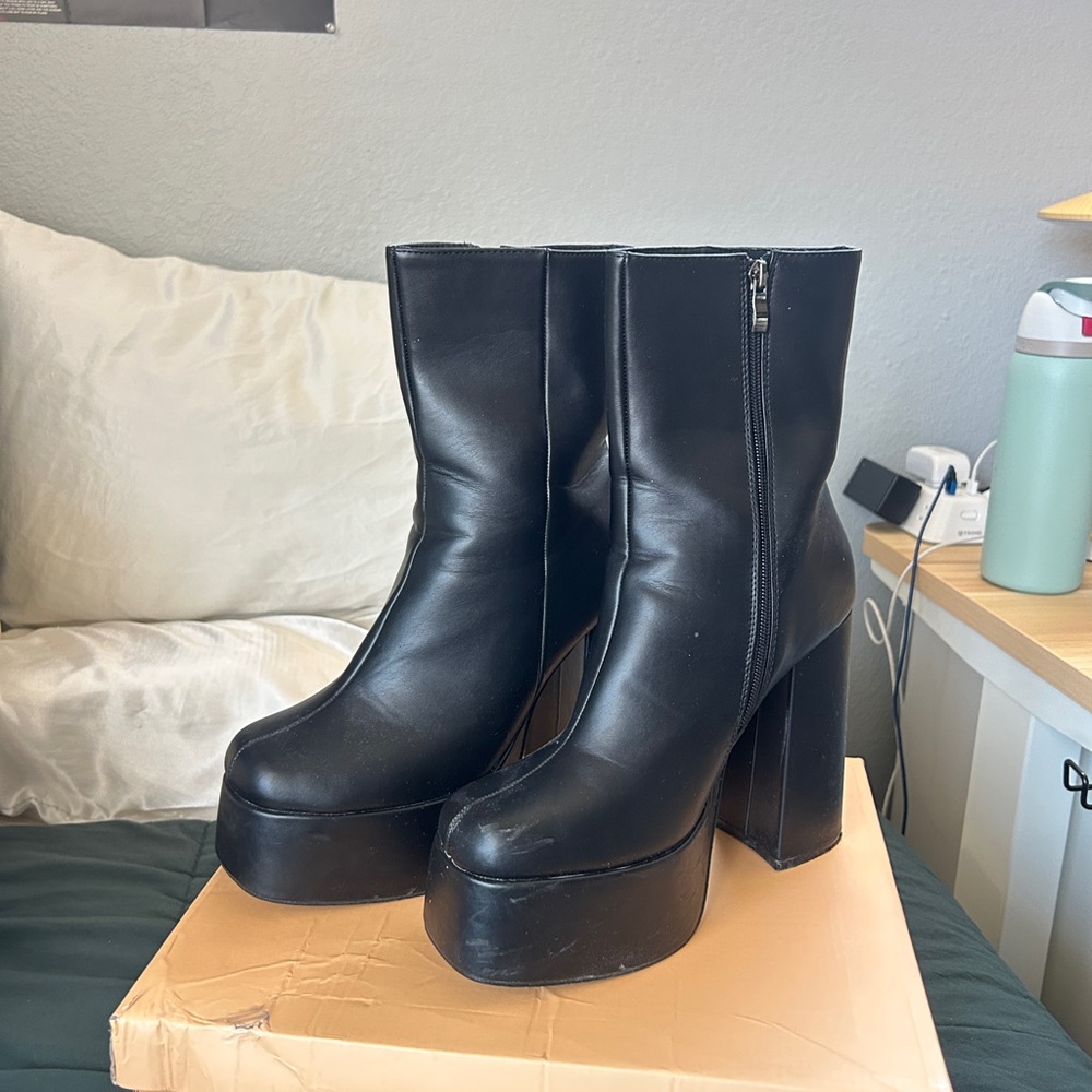 Black Platform Ankle Boots with Block Heel - Women